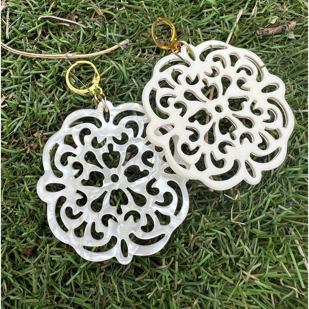 Gorgeous ivory, resin, handmade earrings, cut out gold nickel free round post
